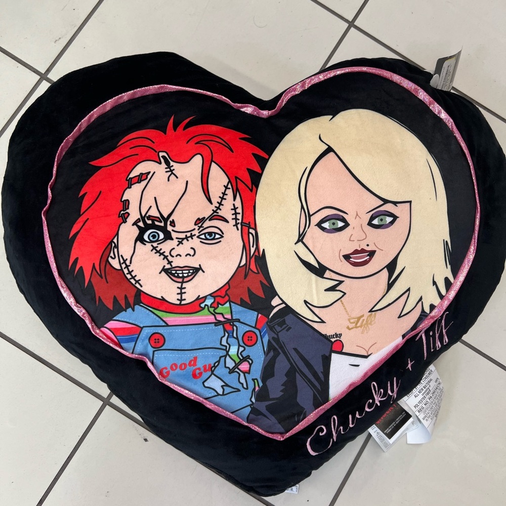 Chucky & Tiff Heart-Shaped Pillow - Black and Pink